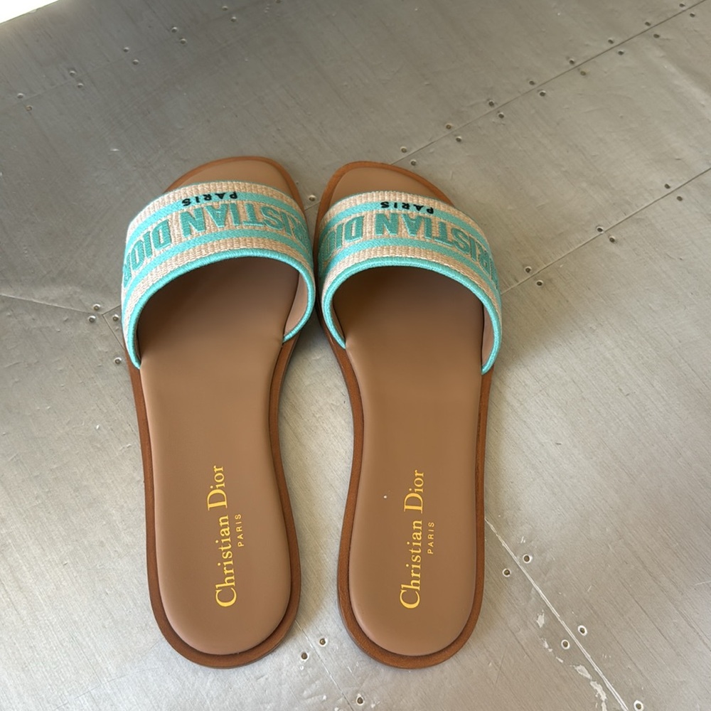 Christian Dior dway slide sandal flat aquamarine logo canvas leather sz 38.5 - Picture 4 of 9
